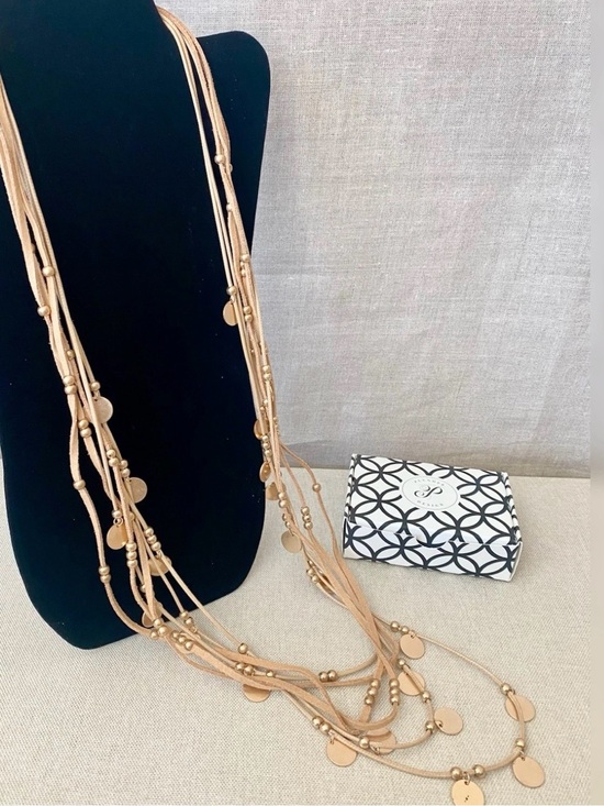 Jewelry - Tan Suede Leather Necklace with Gold Beads & Discs 20”